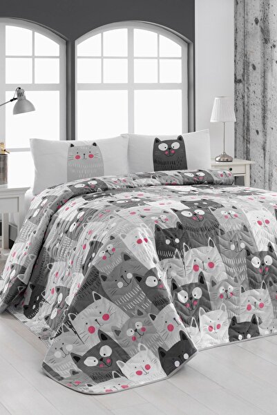 Enlora Home Kapitone Yatak Örtüsü Seti Çift Kişilik DuvardaKediler Gri