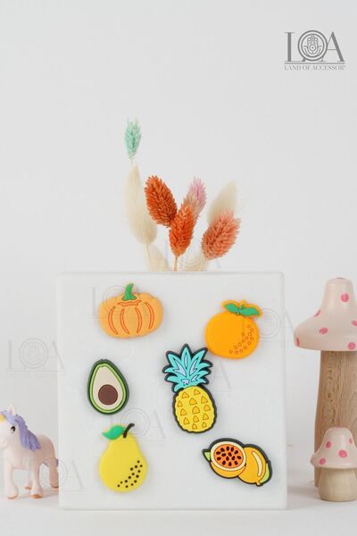 Crocs Corcs Jibbitz Terlik Süsü - Meyve- Kaucuk - Suluk Süsü - Telefon Süsü, 6 Adet Charm, Matara Süsü