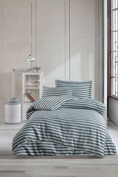 Enlora Home Water Yollu Saten Nevresim Takımı Tek Kişilik Yeşil