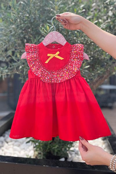 Bertuğ Bebek Red Baby Girl Floral Print Poplin Dress with Ruffle and Ribbon Detail