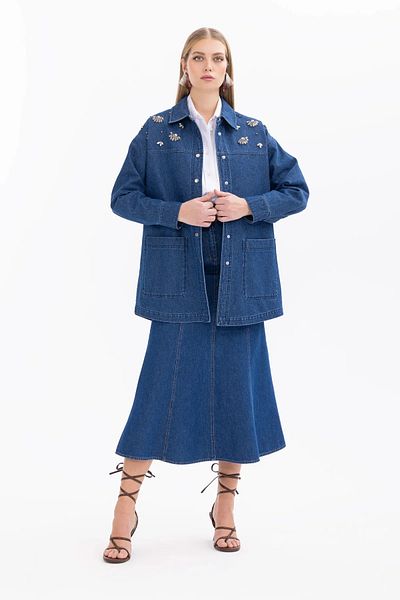 SEÇİL Jachetă de jeans de damă bleumarin - Detaliu de buzunar cu pietre
