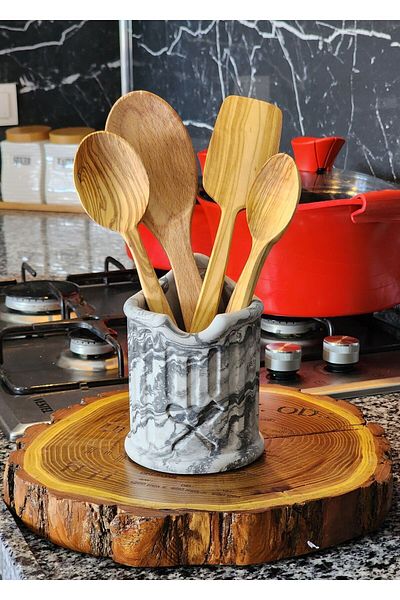 SERENGETİ HOME Olive Tree Spoon Set - 4 Pieces Handmade and Decorative Countertop Spoon Holder