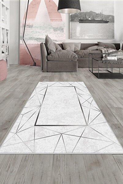 MENTEŞ HOME Gri Silver İşlemeli Yıkanabilir Kaymaz Taban Leke Tutmaz Modern S...