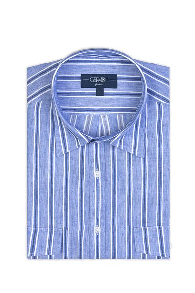 Germirli Blue Navy Striped Tailor Fit Cotton Linen Shirt - Soft Collar and Pocket