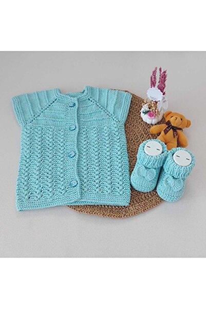BEGİN Baby Booties Vest Organic Cotton Hand Knitted Water Green Double Set