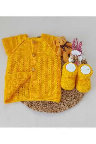 BEGİN Baby Booties Vest Organic Cotton Hand Knitted Yellow Double Set