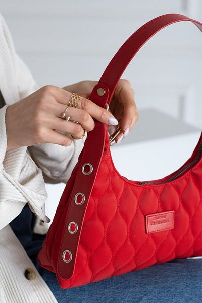 Cochines Women's Red Quilted Patterned Baguette Hand and Shoulder Bag