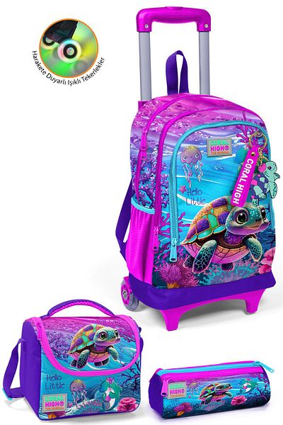 Coral High Set de 3 genți cu model broasca țestoasă roz violet - SET cu trei compartimente și racletă 0123956