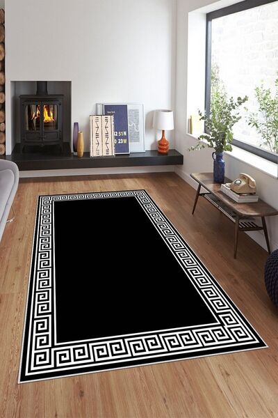 MENTEŞ HOME MENTEŞ Siyah Beyaz Dikdörtgen İşlemeli Yıkanabilir Kaymaz Taban L...