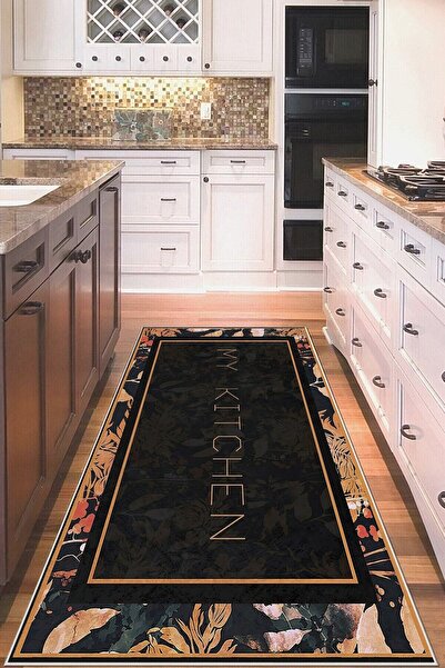 MENTEŞ HOME Siyah My Kitchen Desenli Yıkanabilir Kaymaz Taban Leke Tutmaz Mod...