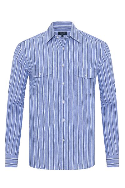 Germirli Blue Navy Striped Tailor Fit Cotton Linen Shirt - Soft Collar and Pocket
