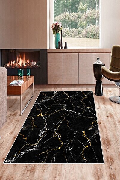 MENTEŞ HOME MENTEŞ Siyah Mermer Desenli Gold Detay Yıkanabilir Kaymaz Taban L...