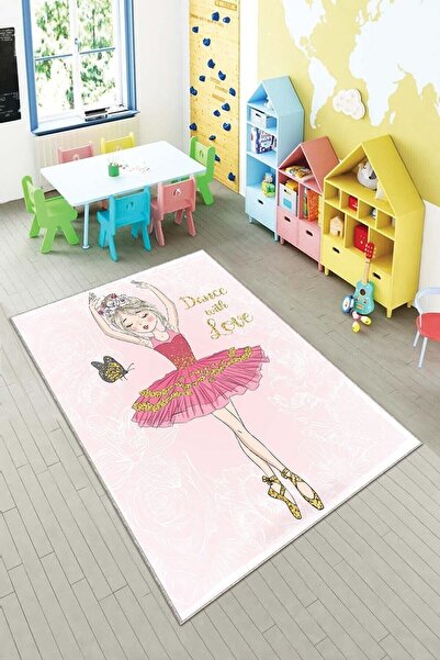 Genel Markalar Pembe Balerin Desenli Yıkanabilir Kaymaz Taban Leke Tutmaz Beb...