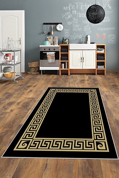 MENTEŞ HOME Siyah Desenli Gold Detaylı Yıkanabilir Kaymaz Taban Leke Tutmaz M...