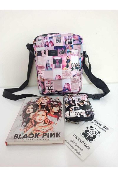 Alanç Gift Geantă roz Crossbody special concepută pentru cadou Karne, caiet Black Pink, set cadou portofel