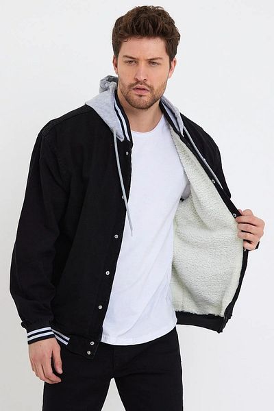 DAMGA JEANS Κολλεγιακό παλτό με γούνινο κουκούλα μαύρο
