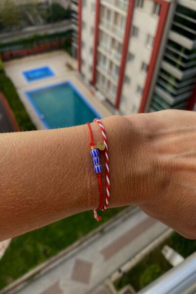 Shepidi 2'li Mavi Boncuklu Kırmızı Ip Gold Figürlü Marteniçka Şans Bilekliği