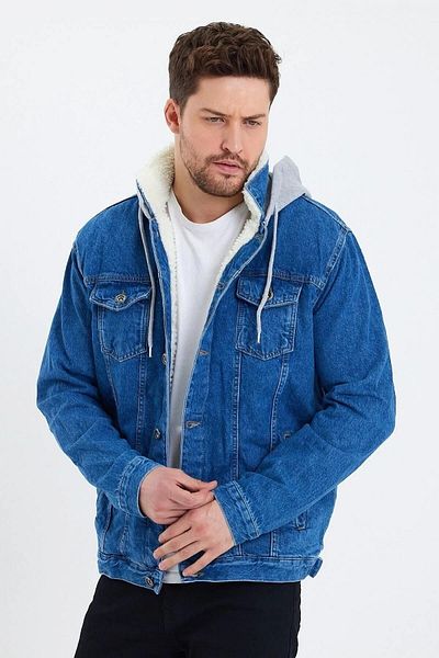 DAMGA JEANS Palton din denim cu glugă, căptușită cu blană, albastră