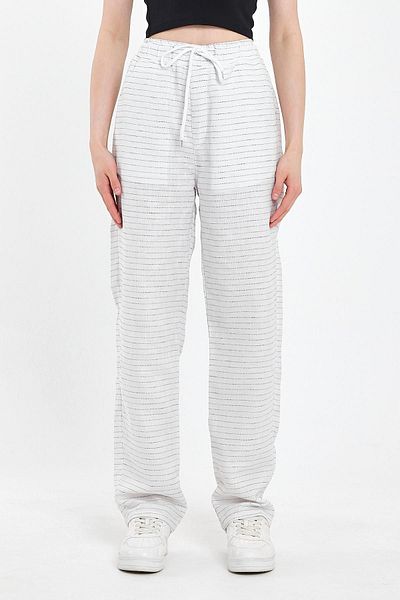 DAMGA JEANS High Waist White Cotton Pallazzo Pants - Elastic Waist Summer Design