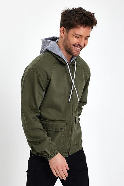 DAMGA JEANS Унисекс модни дънкови дънки Удобно дънково яке с цип и качулка в цвят каки