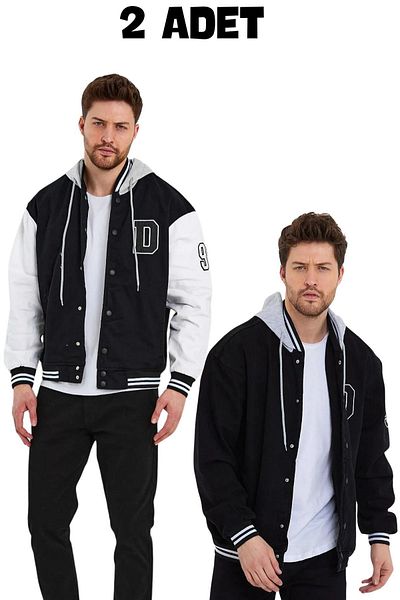 DAMGA JEANS Men's 2 Pack 100% Cotton Oversize Hooded Denim College Jacket Black