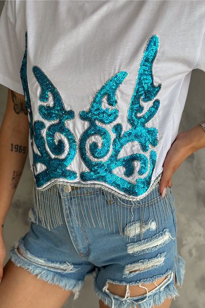 FEMELLE Tricou de damă din bumbac cu ciucuri brodat cu paiete întreg de sezon nou - alb albastru
