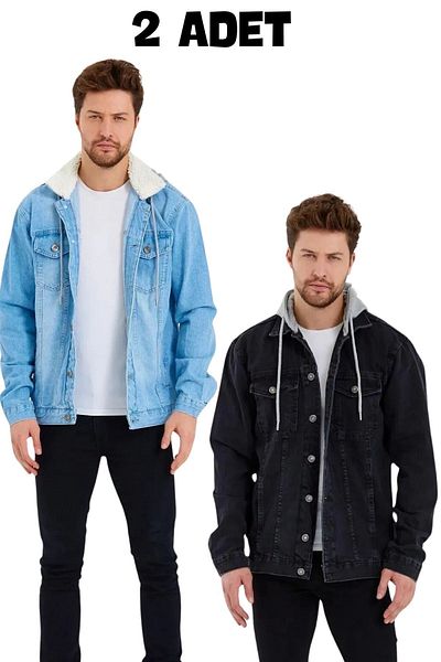 DAMGA JEANS Men's 2 Pack 100% Cotton Daily Oversize Hooded Denim Jacket