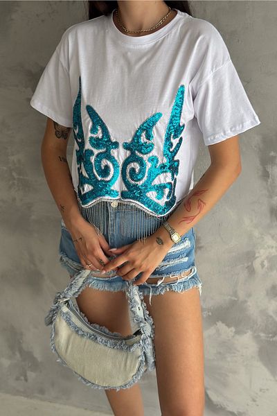 FEMELLE Tricou de damă din bumbac cu ciucuri brodat cu paiete întreg de sezon nou - alb albastru
