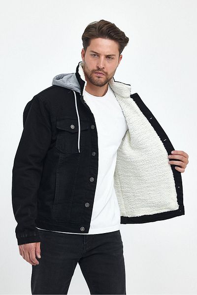 DAMGA JEANS Мъжко зимно зимно модно кожено яке с качулка, черно