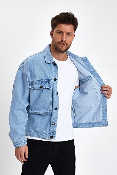 DAMGA JEANS Unisex Streetwise Jean Oversize Günlük Rahat Kot Ceket Buz Mavi