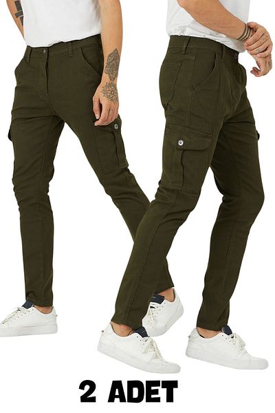 DAMGA JEANS Men's 2 Piece Daily Comfortable Trend Street Fashion Cargo Pocket Trousers Khaki