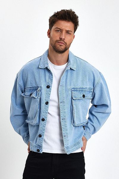 DAMGA JEANS Unisex Streetwear Jeans Oversize Καθημερινό Άνετο Τζιν Μπουφάν Ice Blue