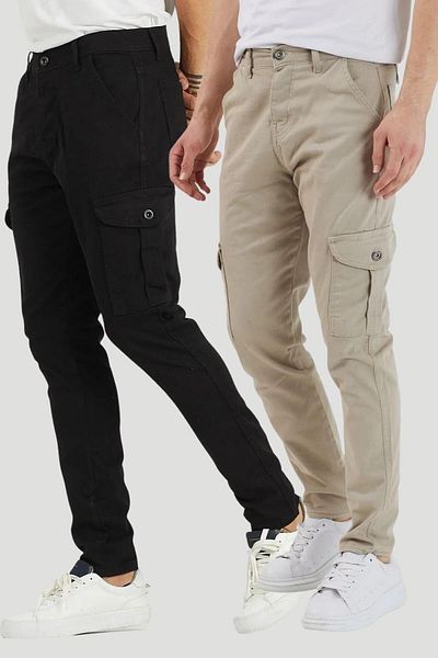 DAMGA JEANS Ανδρικό 2 τεμαχίων Άνετη καθημερινή χρήση για εργασία Young Modern Cargo Pocket Παντελόνι μαύρο και πέτρινο