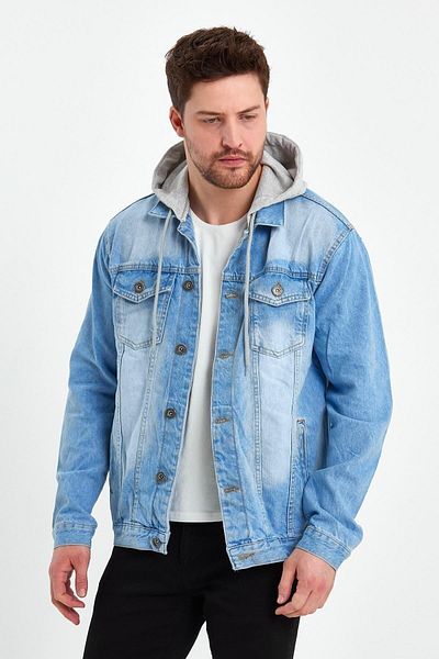 DAMGA JEANS Мъжко дънково яке с качулка в класически градски стил за ежедневна употреба Светло синьо