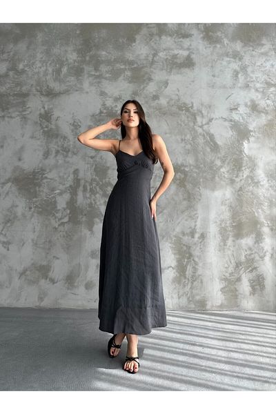 BRGCLOTHING Țesătură modală - Rochie lungă cu bretele subțiri și guipă, detaliu de șezut în talie