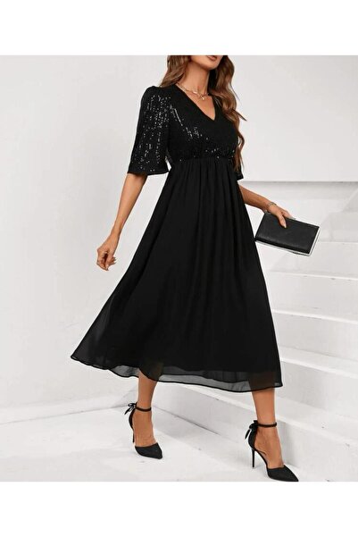 Styling Park Payet Garnili Şifon Midi Boy Kısa Kollu Elbise