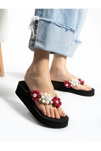 Bermody Papuci de plajă pentru femei cu talpă căptușită cu margele roșii și albe - Flip Flops