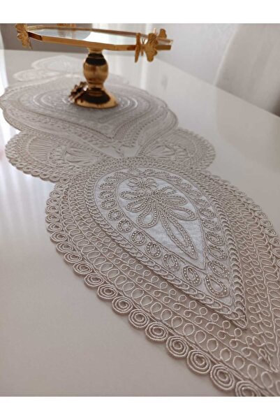 Eces Design Şahmaran 5 Parça Lüks Runner Salon Oda Sehpa Masa Örtü Takımı Boncuklu Güpürlü Çeyizlik Set