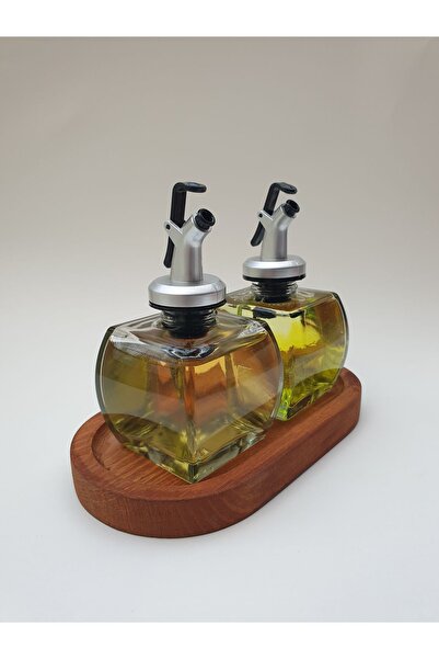 PITRAK PıtrakStore - Transparent Olive Oil Set of 2 with Wooden Stand 150ml Sauce Bowl Oil Silver Head