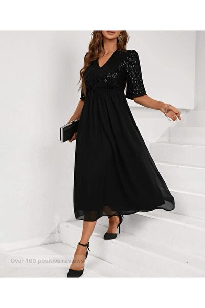 Styling Park Payet Garnili Şifon Midi Boy Kısa Kollu Elbise