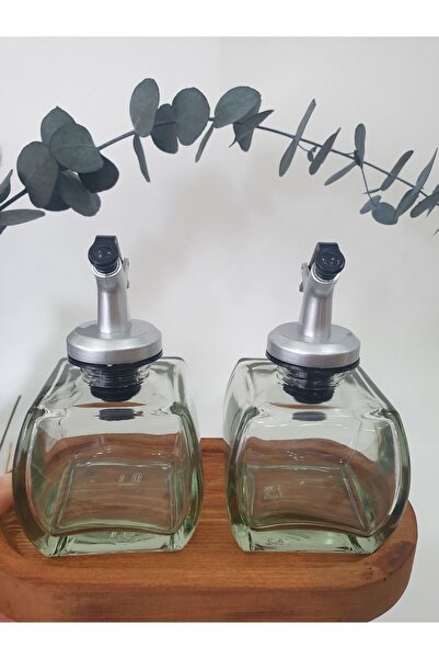 PITRAK PıtrakStore - Transparent Olive Oil Set of 2 with Wooden Stand 150ml Sauce Bowl Oil Silver Head