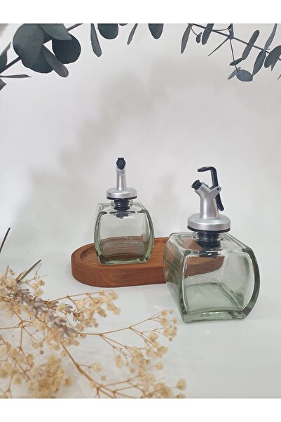 PITRAK PıtrakStore - Transparent Olive Oil Set of 2 with Wooden Stand 150ml Sauce Bowl Oil Silver Head