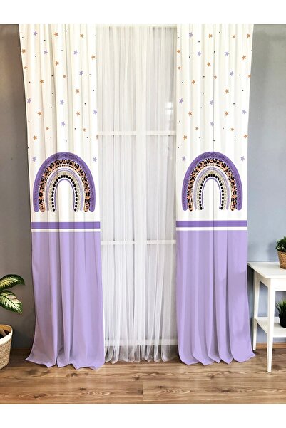 Evmila Baskılı Gökkuşağı Desenli Tek Kanat Kadife Doku Fon Perde - Mor