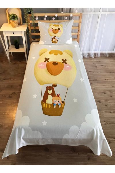 Evmila Flying Balloon Bear Patterned Single Velvet Bedspread - white