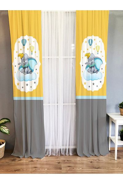Evmila Printed Cloud Elephant Patterned Single Wing Velvet Texture Background Curtain - Yellow