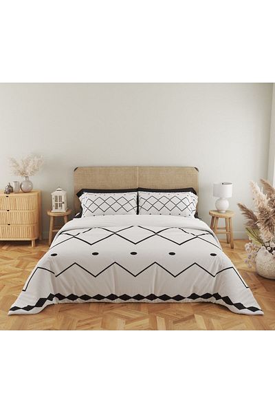Evmila Model Geometric Imprimat Dublu 200x220 Cm 2 Bucuri 50x70cm Set Pilomă - Alb