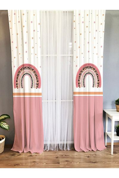 Evmila Printed Rainbow Patterned Single Wing Velvet Texture Background Curtain - Pink