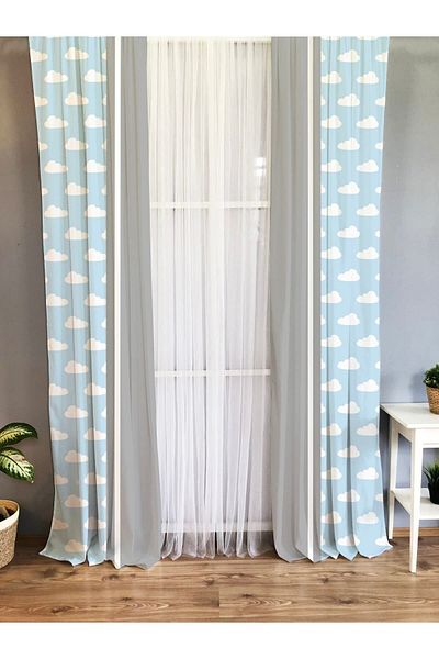 Evmila Printed Cloud Patterned Single Wing Velvet Texture Background Curtain - Gray And Blue