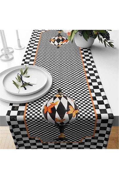 Evmila Runner din catifea cu model Gingham negru