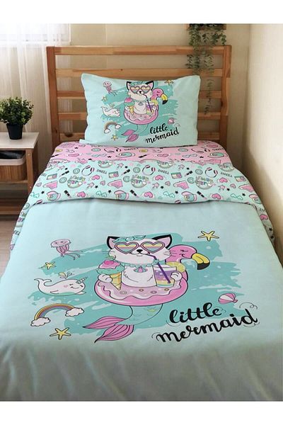 Evmila Διπλής όψης Kokoş Cat Pattern - Σετ Παπλωματοθήκη Μονή Τυρκουάζ
